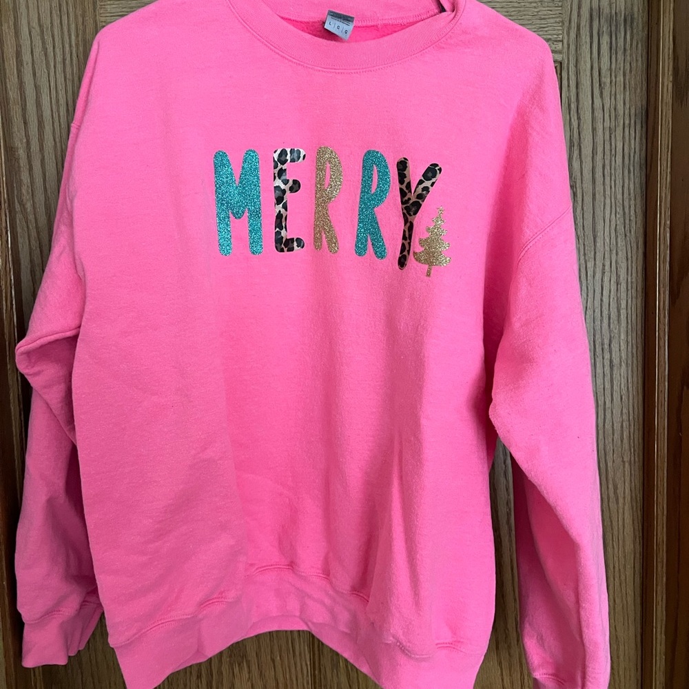 Hot Pink “merry” Christmas crew neck sweatshirt, worn once, size large